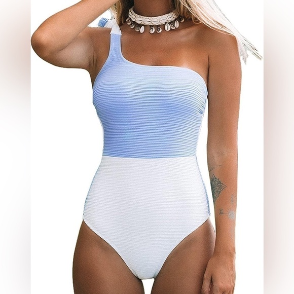 Textured White and Light Blue One shoulder Tie Cupshe Swimsuit Small - Picture 1 of 6